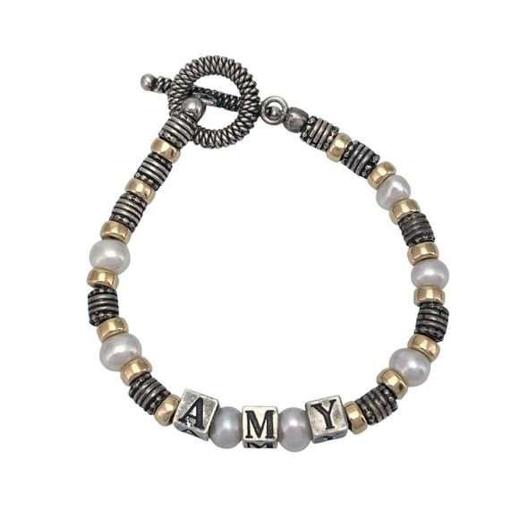 Sterling Silver 925 Gold Tone Beaded Pearl "AMY" Name Beaded Bracelet 6.75" - Picture 1 of 5